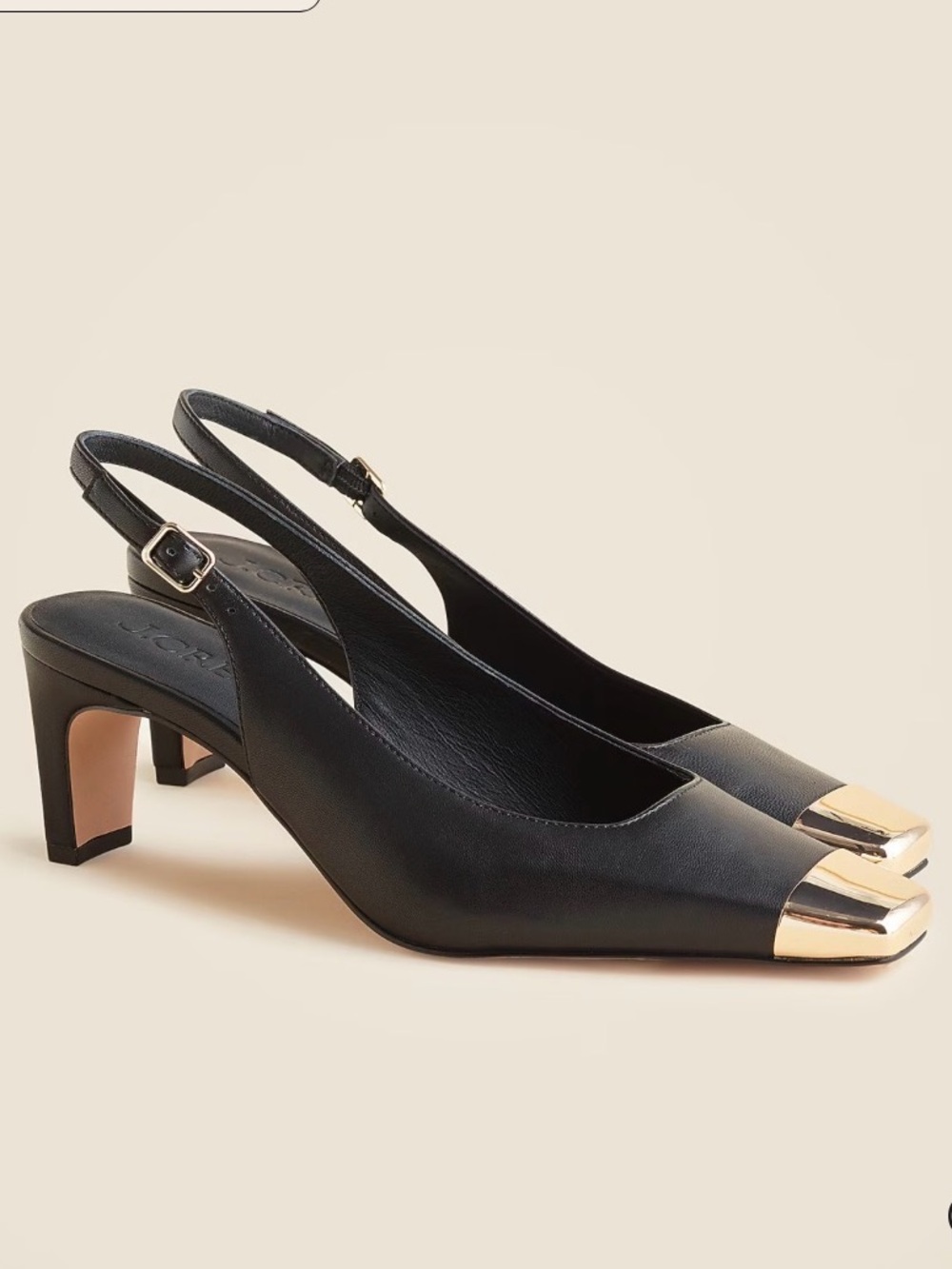 J. Crew Black Leather Slingback Heels with Gold Cap Toe Detail NWT